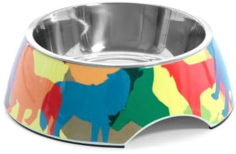 Record Hundenapf Doggies – Edelstahl und Melamin – ausgestattet mit rutschfesten Noppen – Größe Ø 17,5 cm – Fassungsvermögen 350 ml – Muster mit bunten Hundefiguren