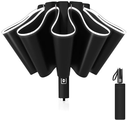 Pioggistar Ombrello Inverso Automatico, Ombrello Pieghevole Antivento, Ombrello Grande da Pioggia 10 Stecche Rinforzate per Uomo e Donna, Diametro 105cm, Nero