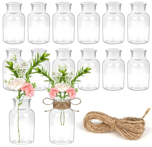 YSWOVUO 12er Set Glasvase Klein, 125ml Mini Vasen mit 5m Juteschnur, 10.3cm Hoch Blumenvasen, Vase Deko, Kleine Vasen für Tischdeko Zuhause Hochzeiten Geburtstage Feste, Spülmaschinenfest
