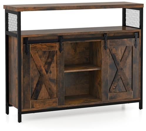 COSTWAY Sideboard, Kitchen Storage Cabinet with 3-Level Adjustable Shelves, Sliding Barn Doors, Open Compartment & Anti-slip Foot Pads, Wooden Console Cupboard for Dining Room Living Room, 100x33x80cm