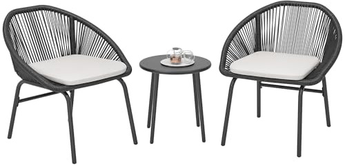 Outsunny Set da Giardino 3 Pezzi, Salotto da Giardino con Tavolino in Acciaio e Rattan PE e 2 Sedie con Cuscino per Balcone e Terrazza, Nero
