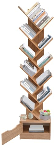 Loohacp Bücherregal, 12-stöckiges Bücherregal mit Schublade, Baumregal，Holz Freistehende Regale für CDs Magazin im Wohnzimmer Home Office Log Farbe，34 * 20 * 140cm