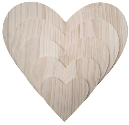 HSTWODE Holzscheibe rund, Herzförmiger Holzteller, Blümchenförmiger Holzteller，Für Dekoration, Lebensmitteltabletts, Bemalung von Baumtabletts, Bastelarbeiten (Herzen groß bis klein 5 Stück)