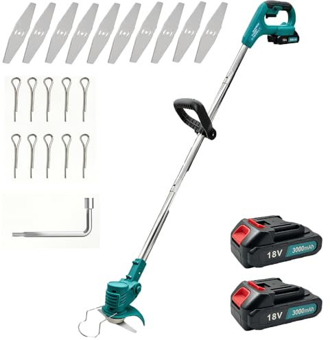 Akku-Rasentrimmer, Ersatz für Makita 18V DUR181Z, Akku Rasentrimmer mit 2X 3.0Ah Akku, 18V Akku Freischneider, Akku Trimmer 90° drehbarer, für Rasenschneiden Rasenpflege Auffahrt und Garten