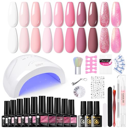 UR SUGAR UV nagellackset med UV-lampa 48 W, gel nagellack startset nagellack startset med bas och toppmatta coat ros glitter gelnaglar gellack naglar nagelstudio set