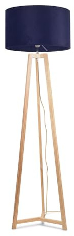 ValueLights | Natural Wood Tripod Floor Lamp with Navy Blue Velvet Drum Lampshade Living Room Light | Floor Lamps, Home Décor & Improvement Essential | Included LED Bulb