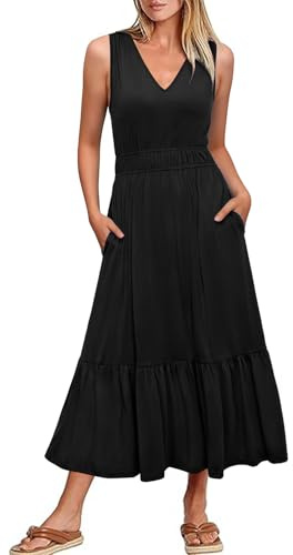 Newshows Summer Dresses for Women UK V Neck Sleeveless Midi Casual Vacation Sundress with Pockets(Black,XL)