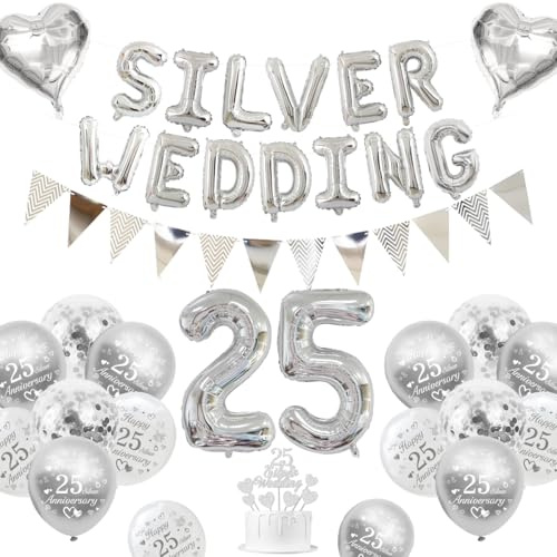 Decoracion Bodas Plata, Decoracion Aniversario Bodas 25 años Globos Bodas Plata 25 Globos Happy 25th Anniversary Globos Blancos Plateados Metálicos Pancarta 25 Silver Wedding Cake Topper