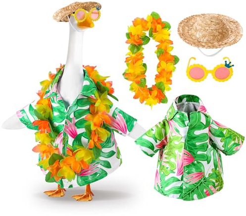 Hawaiianische Veranda-Gänse-Outfits, Sommer-Rasengans-Kostüm für 58,4 cm große Statue, 4 Stück | Yard Goose Clothes Hawaiian Wreath with Straw Hat Glasses, Porch Goose Accessories Set for Patio Garden Decoration