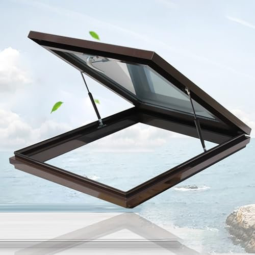 Fenêtre de toit avec puits de lumière, toit plat incliné pour grenier intérieur, cadre en alliage d'aluminium + verre trempé, bonne ventilation, pour sous-sol, grenier ou remise(Brown,LxW 80x80cm/31.5