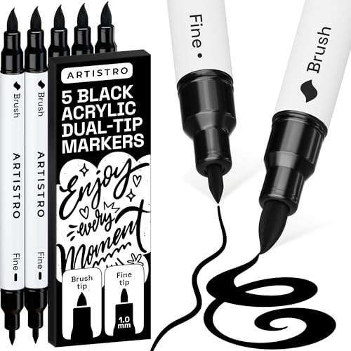 ARTISTRO 5 Black Acrylic Paint Pens – Dual Tip (Brush & Fine) Markers for Fabric, Canvas, Rock, Glass, Wood – Calligraphy, Scrapbook Supplies DIY & Gift for Kids, Teens - Art Set