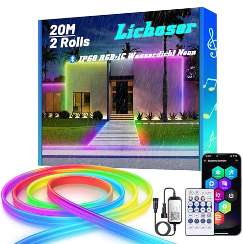 Lichaser 20M RGB+IC Outdoor Flexible Neon LED Strip, IP68 Aussenbereich Bluetooth Neon LED Streifen Sync mit Musik, 24V Wasserdicht LED Lichtband Außen für Partys, Terrasse Beleuchtung (10M*2)