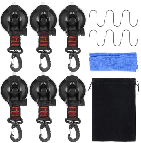 6 Stück Saugnapf Haken Camping,360° Drehbarem Robuste Saughaken Extra Stark,Tragbarer Saugnapf Camping Set mit D-Ring Gurthaken,Multifunktionaler Haken für Auto Seitige Markisen Zelte Wohnmobil(6PCS)