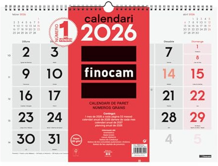 Finocam - Väggkalender stora siffror 2026 månadsvy januari - december 2026 (12 månader) | kalender 2026 | neutral katalansk månadsplanerare