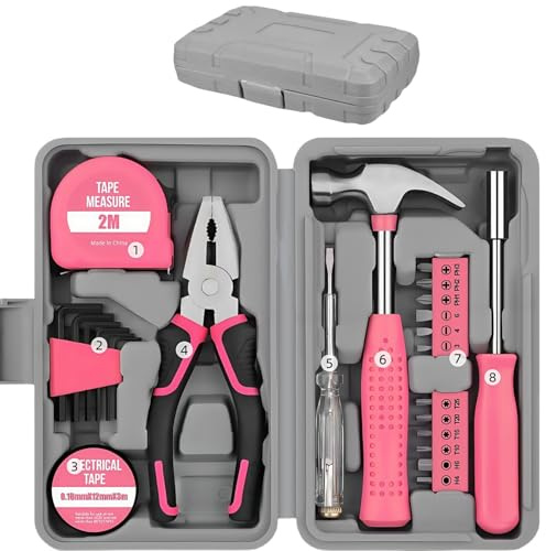 24pc Pink Home DIY Tool Kit Set - Essential Household Hand Tools in Portable Storage Box for Home, Office & Garage Repairs - Starter Basic Tool Kit for Men & Women