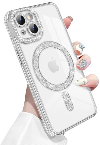 Newseego Custodia per iPhone 13 Magnetico Scintillante Custodia Glitter Compatibile con Magsafe Lente Fotocamera Protettore Antiurto Bling Diamonds Morbido TPU Cover per iPhone 13-Argento