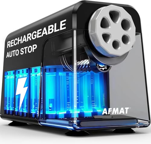 AFMAT Temperamatite elettrico a 6 fori con contenitore, autostop & matite, ricaricabile, temperamatite elettrico per 6 – 11 mm n. 2/grandi/pastelli, 10.000 punte,Nero