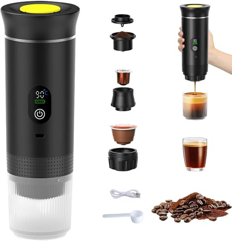Tragbare Espressomaschine, Elektrisch Beheizte Reisekaffeemaschine, Mini Mobile Kapselmaschine, 3-in-1-Camping-Kaffeemaschine, kompatibel mit gemahlenem Kaffee und Kapseln für Camping, Wandern
