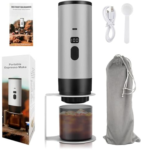 LengSuaa Portable Coffee Maker, 3-In-1 USB Rechargeable Cordless Mini Travel Coffee Machine with Self-Heating and LCD Display and Bracket and Storage Bag, Lightweight for Car, Camping, Hiking, Office