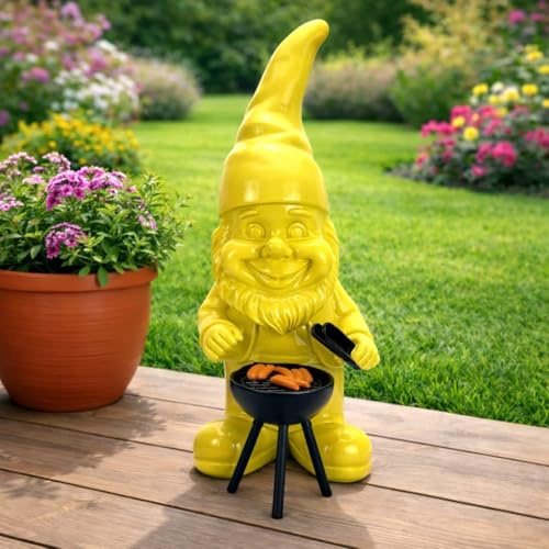 Online Fuchs Gartenfigur für draußen moderner Gartenzwerg mit Grill - 37 cm groß, wetterfest - lustige Geschenkidee als Gartendekoration (Gelb)