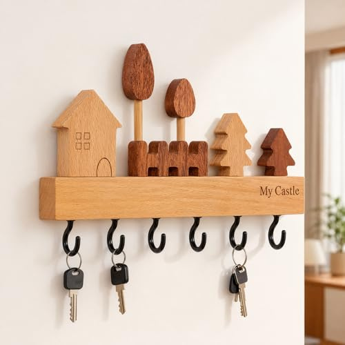 Maslasee Schlüsselbrett Holz mit 6 Haken Robuster Wand Schlüsselhalter, Einfache Montage, Ordnung für Schlüssel & Kleinteile, Ideal für Flur Eingang Küche Büro