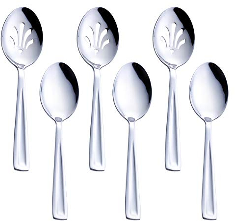 GoGeiLi Stainless Steel Serving Spoon Set, Include 3 Large Serving Spoon and 3 Slotted Spoon, 9.5-inch Catering Serving Spoon Set for Party, Banquet, Buffet, Dishwasher Safe
