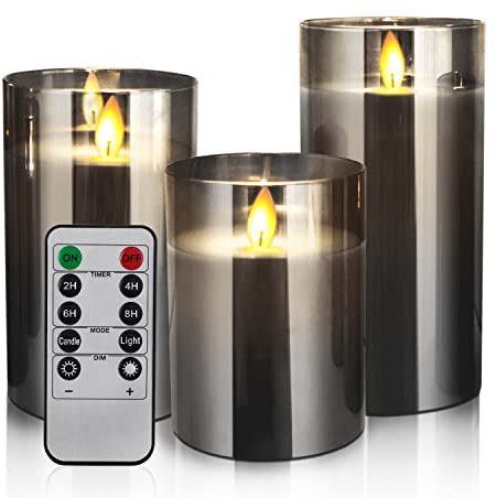 LED Candles Flameless Candles 4 5 6 Set 3 Real Wax Light, Battery Operated Candles Gray Glass Pillars Realistic Flickering Wick Flame Mode, Lantern Candles with Remote Control 24 Hour Timer Lover