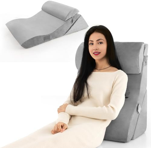 COSTWAY Lesekissen für Bett und Sofa, Venenkissen zum Beine hochlagern, 3-teiliges orthopädisches Keilkissen-Set nach Operationen gegen Schnarchen, Sodbrennen & Rückenschmerzen (Grau)