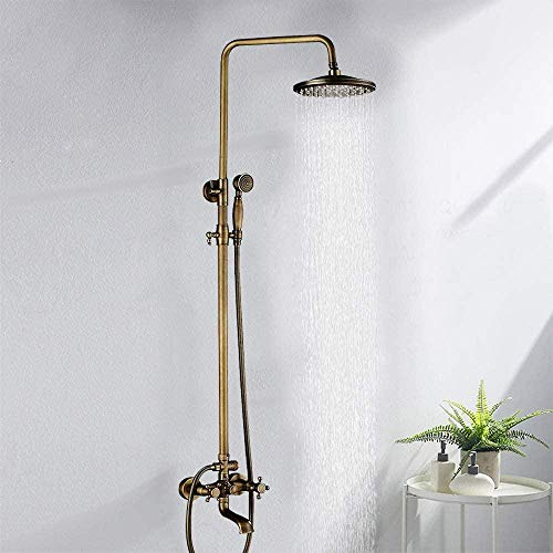 Antik Messing Badewanne Duscharmatur Duschsäule mit Ablage Duschsystem Regendusche Brausegarnitur Brausestange Wasserfallduschkopf und Handbrause