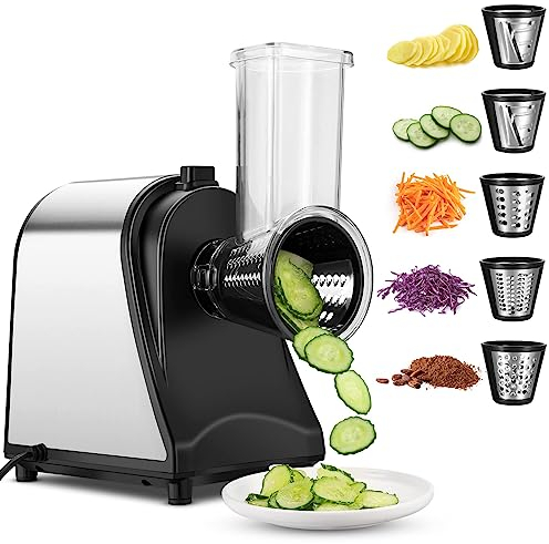 Meykey Rallador Eléctrico de verduras, cortador de verduras eléctrico, Cortador verduras en espiral eléctrico de 250 W, con 5 Accesorios de Acero Inoxidable Cilindros, color plateado y negro