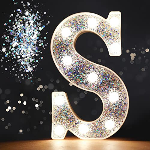 Pooqla Light Up Letters, LED Marquee Letters for Silver Birthday Decorations, Battery Powered Night Light Teenager Girl Room Decor, Gift for Girls Boys Wedding Bedroom Christmas Party Decor, Letter S