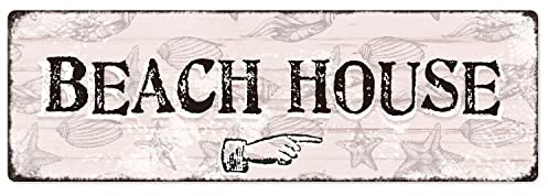 Interluxe Metallschild - Beach House rechts - Schild aus Metall Dekoschild Hinweisschild Strandhaus Maritim Meer Küste Muscheln Strand Poolhaus