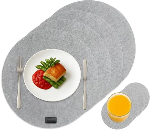 4-Teiliges Set aus Filz Tischuntersetzer Platzset Tischläufer, Platzdeckchen abwaschbar Filzmatte (Rund + 4 Tassenuntersetzer, Grau)