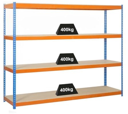 PROREGAL Weitspannregal Wood Yeti Four | HxBxT 200x180x75cm | Fachlast 400kg | Blau-Orange Schwerlastregal Metallregal Kellerregal Werkstattregal Lagerregal