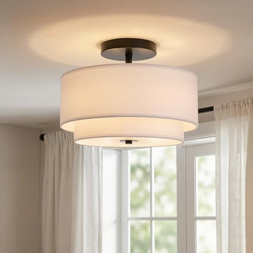 FRIDEKO HOME Semi Flush Mount Ceiling Light - Double Drum 3-Light Ceiling Light Fixture Farmhouse Chandelier with White 2-Layer Classic Fabric Linen Shade Design for Living Room, Bedroom, Kitchen