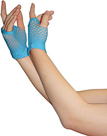 FAIRY BOUTIQUE Damen-Handschuhe, kurz, Fischnetz, Spitze, 80er-Jahre-Zubehör, fingerlose Netzhandschuhe, türkis, One size