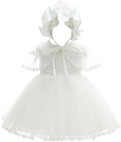 Leideur Baby Mädchen Weiß Taufkleid mit Haube Neugeborenen Taufe Kleid Spitzenkleid für Hochzeit Geburtstag