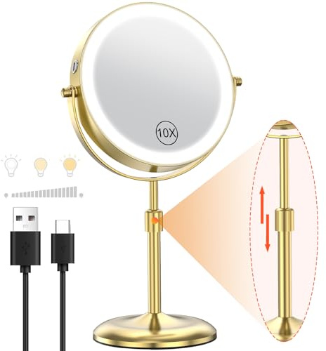 Benbilry 7 Lighted Makeup Mirror with 3 Color Lights & 10X Magnification, Adjustable Brightness & Height, 360° Swivel Rechargeable 10X LED Magnifying Vanity Mirror with Light, Gold