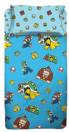 Super Mario - Juego de sábanas Individuales para Dormitorio, una Plaza, Funda de Almohada, sábana encimera, sábana Bajera Ajustable, 100% algodón, Azul