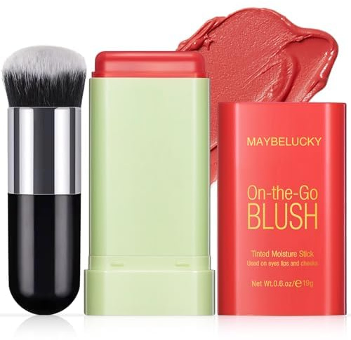 HOSAILY Cream Blush Stick for Cheeks, Multi-Use Makeup for Eye, Lip, Face - Travel-Friendly Tinted Solid Moisturizer, Matte Natural Glow Blendable Smooth Blusher With Brush - Orange Coral