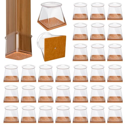 32 Pcs Chair Leg Floor Protectors for Hardwood Floors with Felt Pads Square | Silicone Furniture Leg Caps, Protect Floors from Scratches, Reduce Noise and Slide Smoothly, Fit:19-27mm