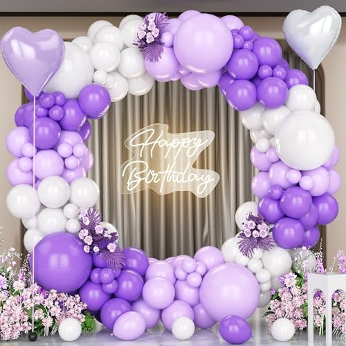 Unisun Lila Weiße Ballons Bogen Kit, 147pcs Pastell Lila Weiße Luftballons Girlande mit 18'' lila Herz Folie Ballons für Mädchen Frauen Geburtstagsfeier Dekor Hochzeit Jubiläum Baby Shower Engagement