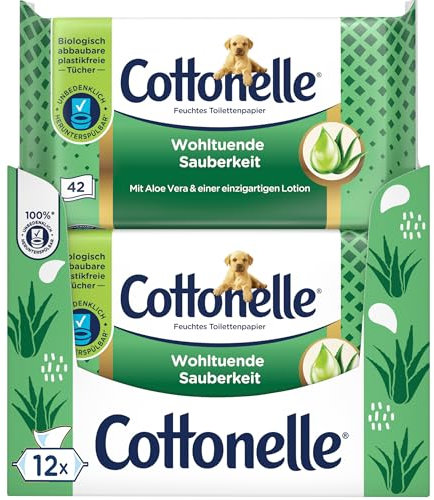 Cottonelle Feuchtes Toilettenpapier, Wohltuende Sauberkeit, Mit prebiotischer Lotion, Biologisch Abbaubar, Plastikfrei, Wiederverschließbar, 12 x 42 Feuchttücher