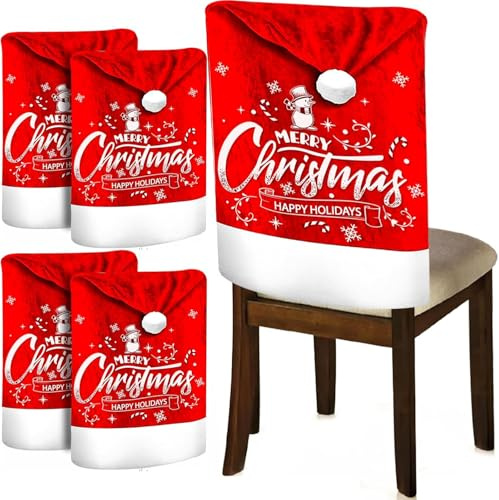 ZZQVIP 4er Set Weihnachts Stuhlhussen 65×50cm, Merry Christmas Stuhlbezüge aus Goldsamt mit Plüschkugel, Rot Weiß Stuhlabdeckung für Esszimmer Deko, Wiederverwendbare Stuhlüberzüge für Weihnachten