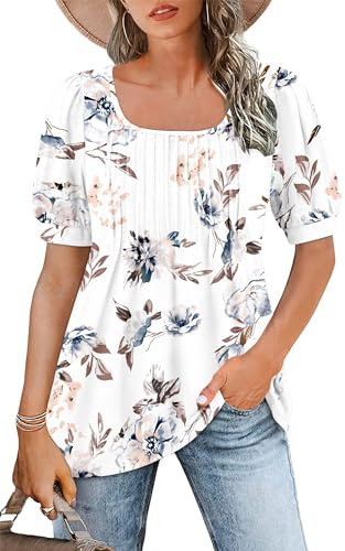 WNEEDU Ladies Tops Square Neck T Shirts for Women UK | Summer Puff Short Sleeve Blouses Pleated Tunic Tshirts Flowy Elegant Casual Tee