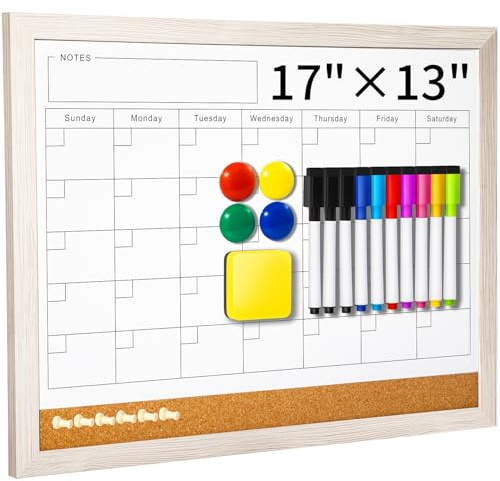 Dry Erase Calendar Whiteboard for Wall - 17x13 Inch Magnetic Whiteboard, Reusable Monthly Planner Board for Home Office, Classroom, Teachers & Students (White)