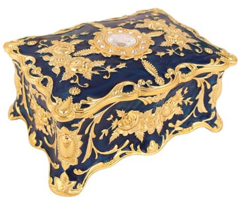 Stgbcst Joyero cuadrado con tapa, caja de joyas dorada, antiguo, retro, para salón, dormitorio, cuarto de baño, color azul