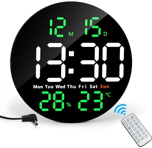 Lafocuse Reloj de Pared Digital con Grande Pantalla LED 25CM, Silencioso Relojes con Control Remoto, Temperatura, Fecha, 2 Alarmas, Cuenta Atrás, Brillo Ajustable para Salon Cocina Oficina, Verde