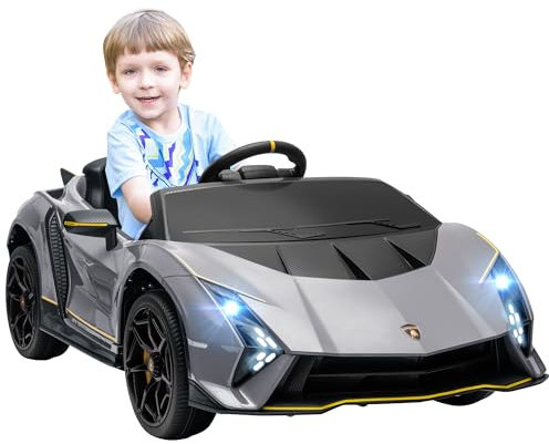 AIYAPLAY 12V Lamborghini Autentica Licensed Kids Electric Car with Butterfly Doors, Ride on Car with Remote Control, 4 Suspension Wheels, Soft Start, LED Lights, Music, Horn, Grey
