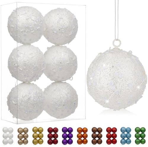 6er-Set 8cm Dekorative Weihnachtsbaumkugeln, Weihnachtskugel-Ornament mit Holografischem Glitzer Christbaumschmuck zarten Dekorationen für Weihnachtsbaum, Weihnachtshochzeitsfeier, Weiß